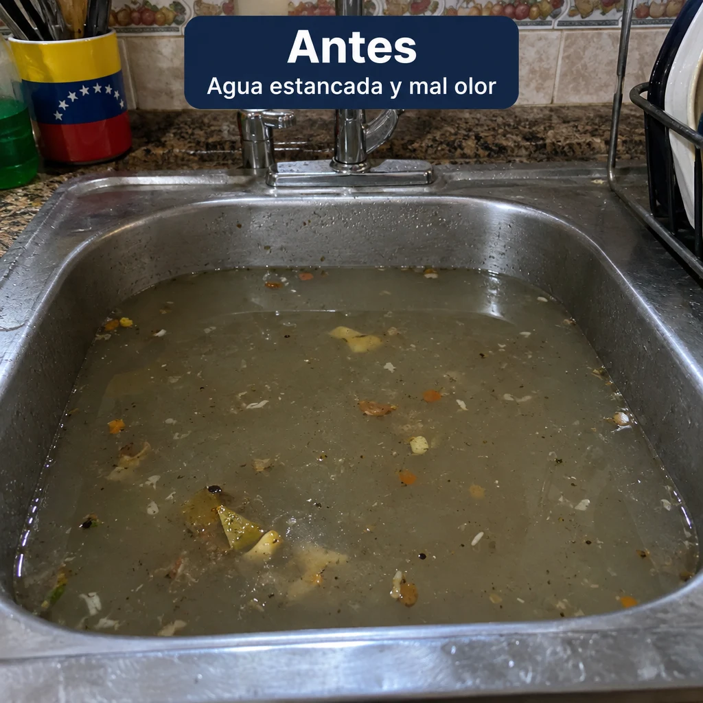 Fregadero con agua estancada y residuos