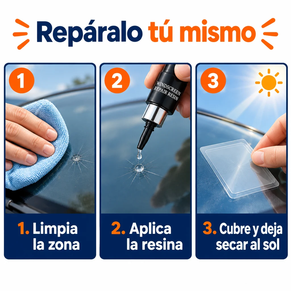 Ilustración de limpieza, aplicación de resina y curado sobre el parabrisas