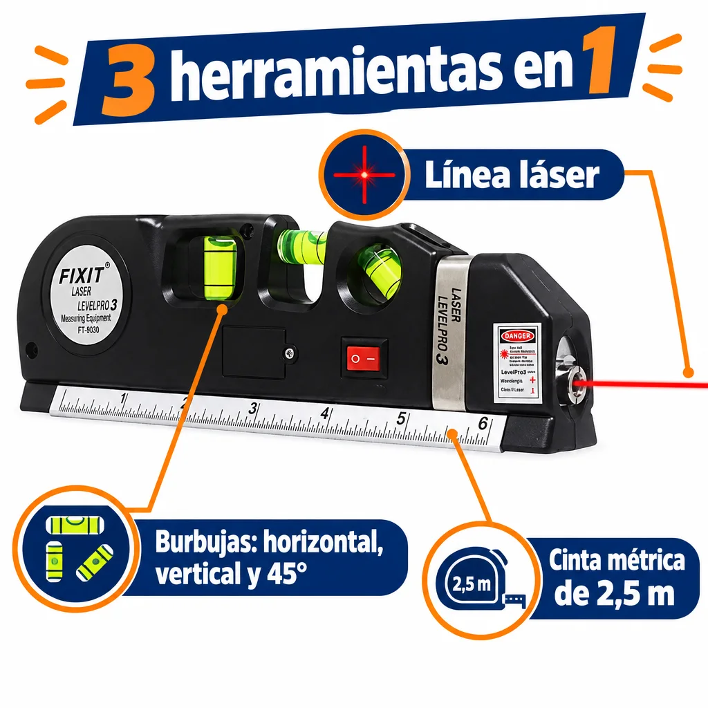 Nivel láser, tres burbujas y cinta métrica integrados