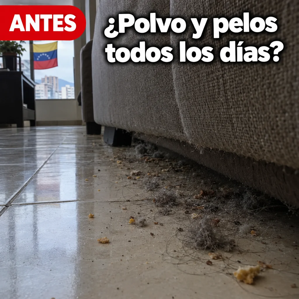 Polvo y pelos acumulados junto al sofá