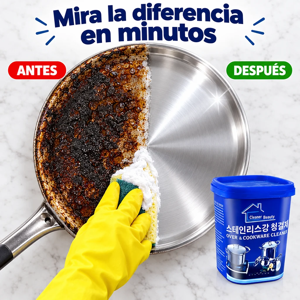 Comparación ilustrativa de una sartén con residuos y una zona limpia