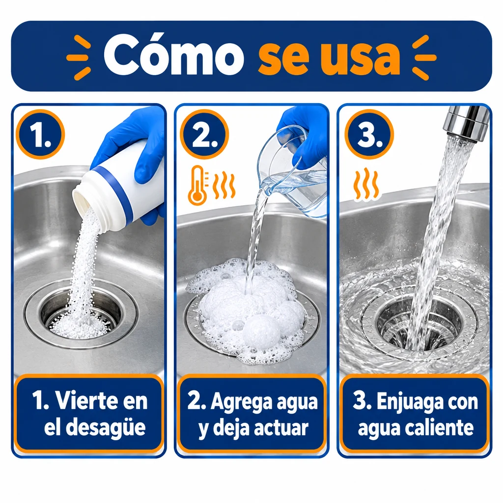 Ilustración del proveedor con los pasos de aplicación en un desagüe
