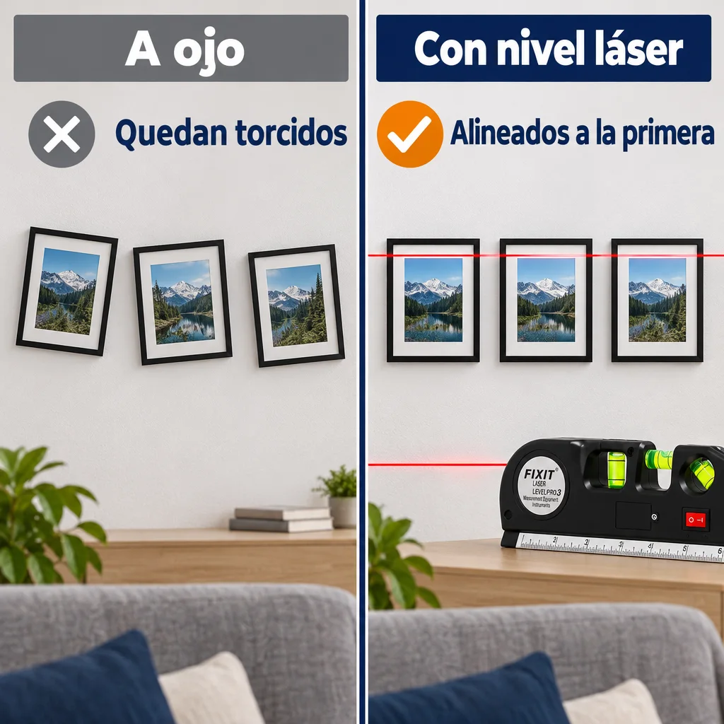 Comparación ilustrativa de cuadros colocados a ojo y alineados con referencia láser