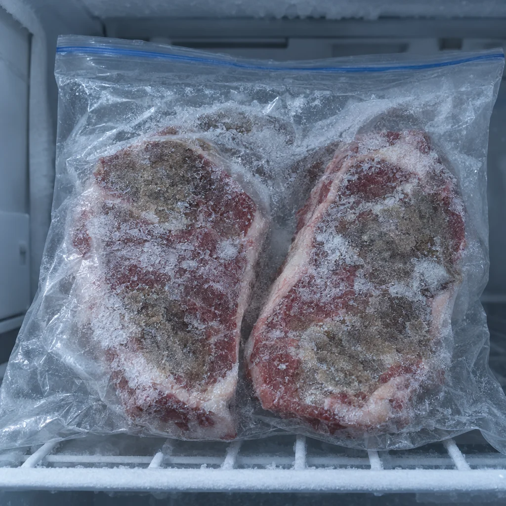 Carne en empaque abierto dentro del congelador