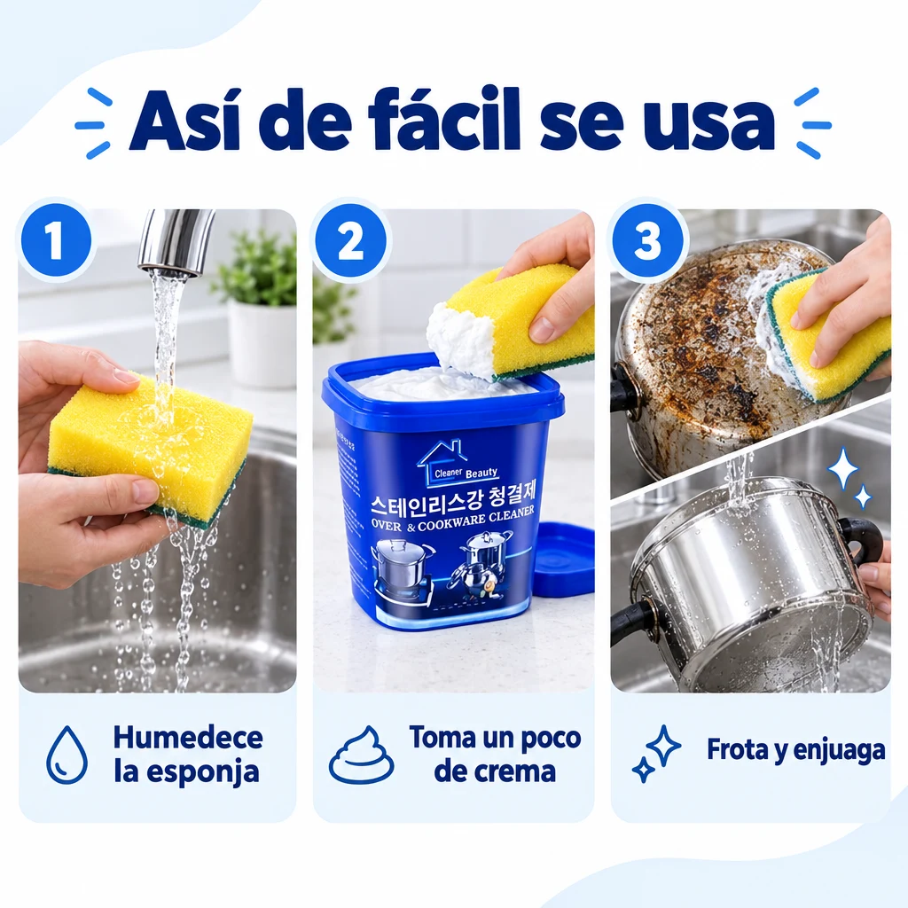 Uso de la crema: humedecer la esponja, aplicar poca cantidad, frotar y enjuagar
