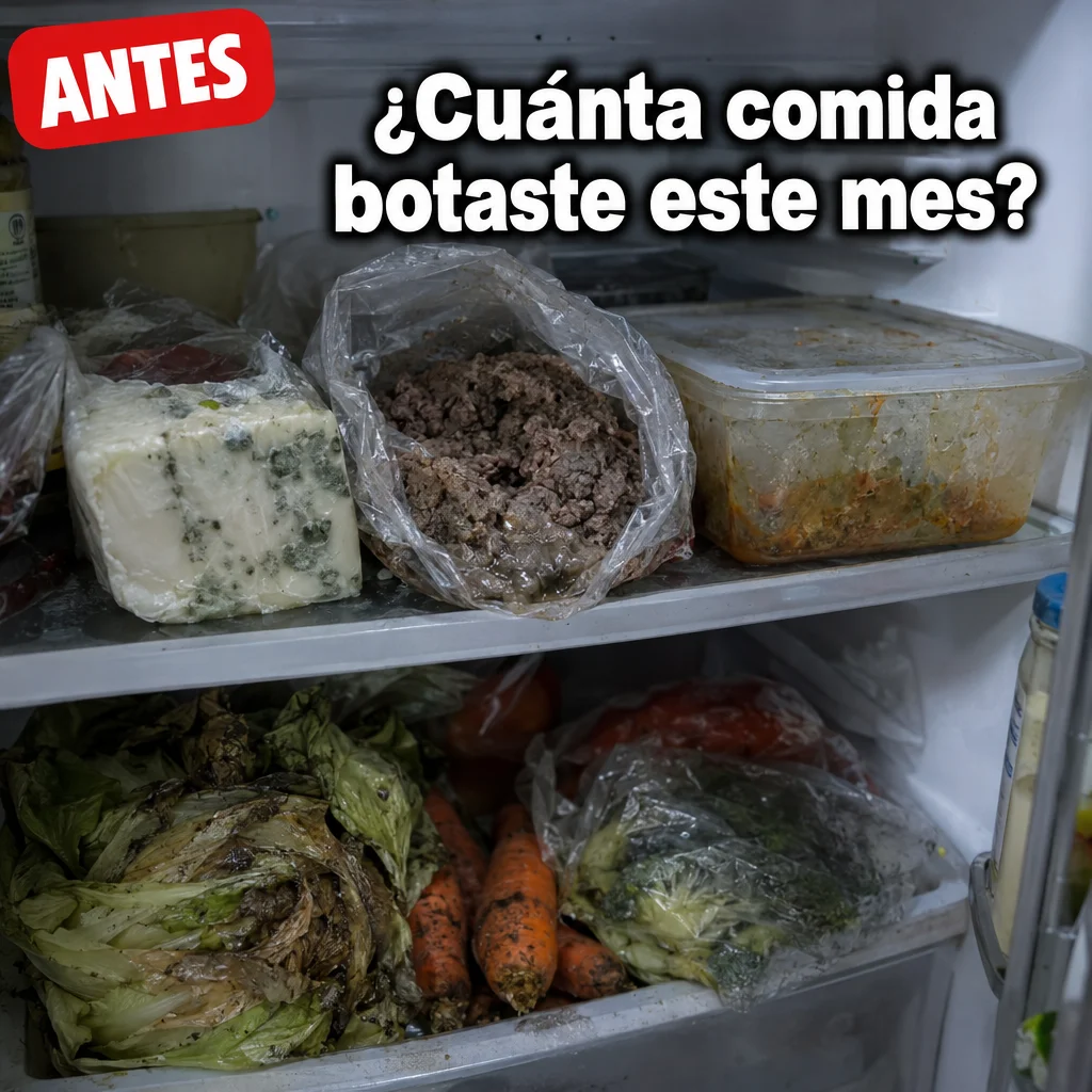 Alimentos mal conservados y desorganizados en una nevera